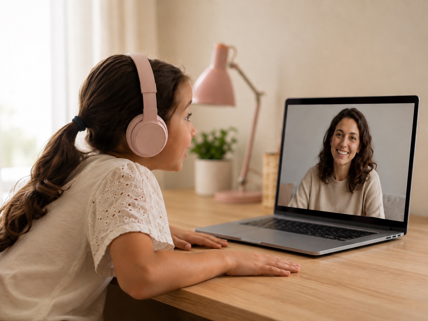 Illustration of a child wearing headphones and looking at a teacher on a laptop screen.